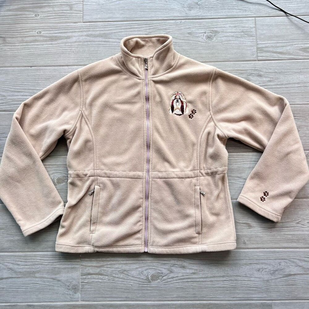 The Bradford Exchange Embroidered Beige Shih Tzu Dog Zip Up Fleece jacket Size L
